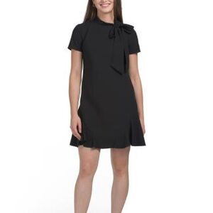 Women's Black Short-Sleeve Bow Neck Dress and a crossbody bag.